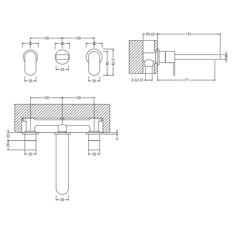 Binsey Wall Mounted 3 Tap Hole Basin Mixer - Technical Drawing