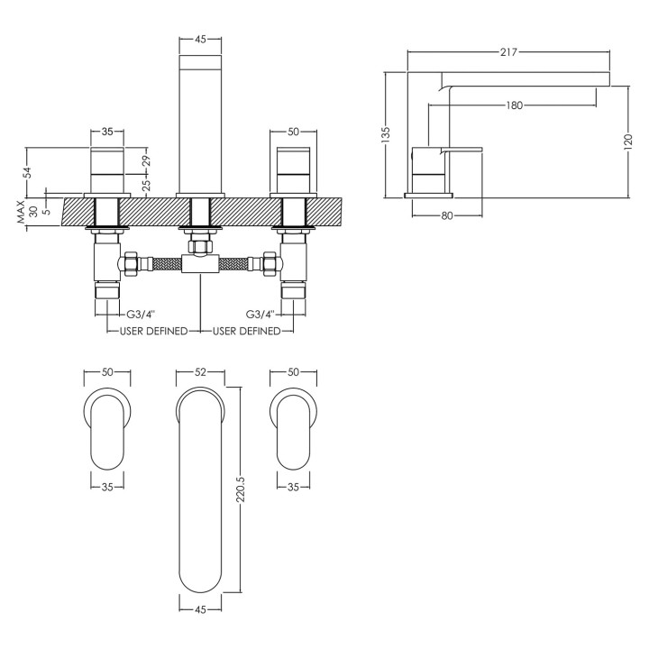 Binsey Deck Mounted 3 Tap Hole Bath Filler - Technical Drawing