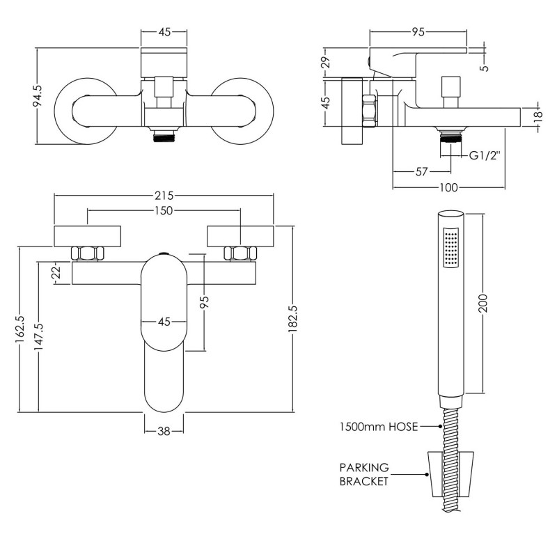 Binsey Wall Mounted Bath Shower Mixer - Technical Drawing