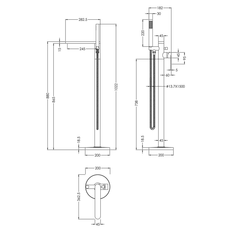 Binsey 880mm (h) Chrome Freestanding Bath Shower Mixer - Technical Drawing