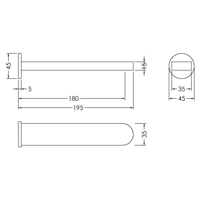 Binsey Bath Spout - 195mm (d) x 45mm (w) x 45mm (h) - Technical Drawing