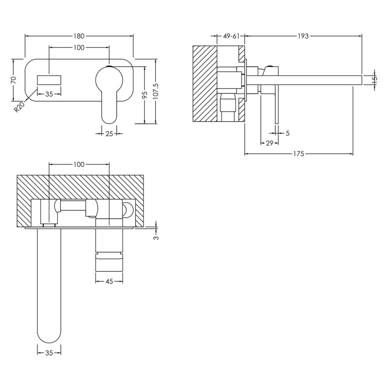 Arvan Black Wall Mounted 2 Tap Hole Basin Mixer With Wall Plate - Technical Drawing