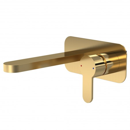 Arvan Brushed Brass Wall Mounted 2 Tap Hole Basin Mixer With Wall Plate