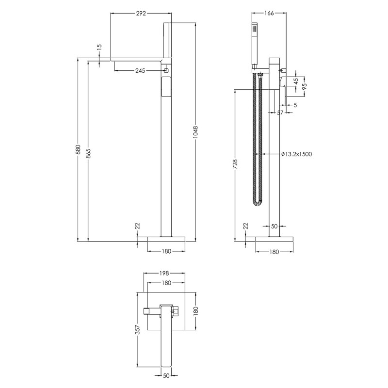 Windon 880mm (h) Matt Black Freestanding Bath Shower Mixer - Technical Drawing