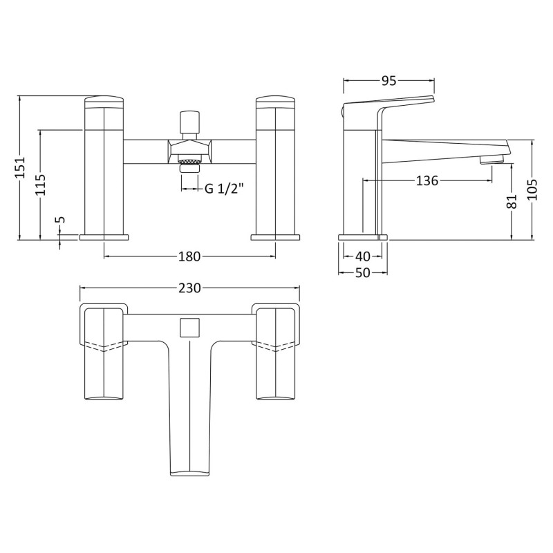 Hardy Twin Lever Bath Shower Mixer Tap Deck Mounted - Technical Drawing