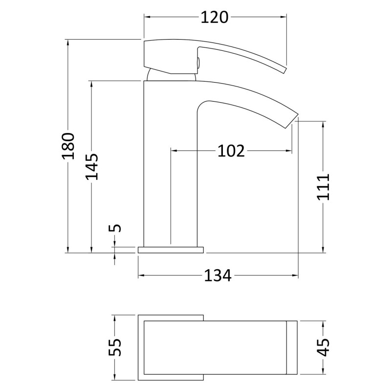 Vibe Midi Mono Basin Mixer Tap Single Handle - Technical Drawing