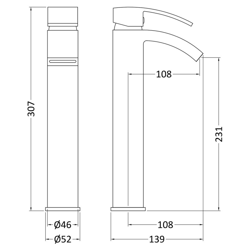 Vibe Tall Mono Basin Mixer Tap Single Handle Chrome - Technical Drawing