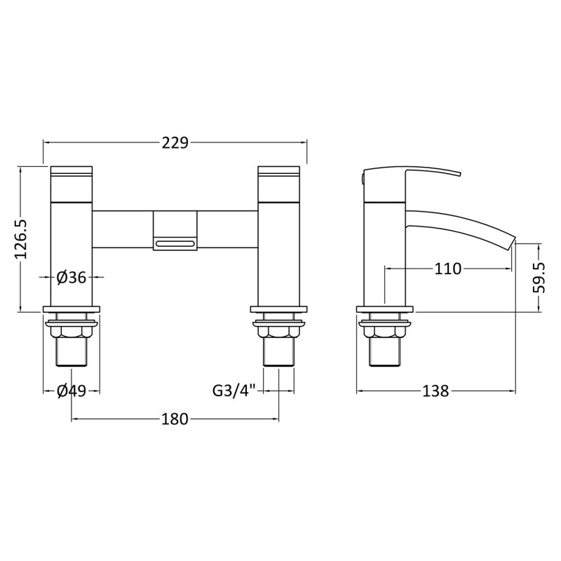 Vibe Twin Lever Bath Filler Tap Deck Mounted - Technical Drawing