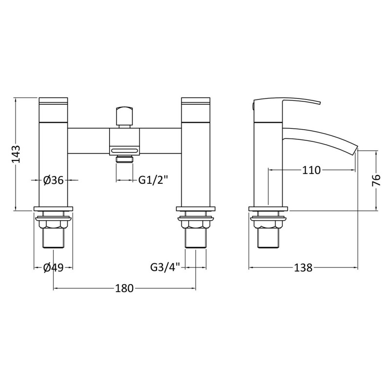 Vibe Bath Shower Mixer Tap Pillar Mounted - Technical Drawing