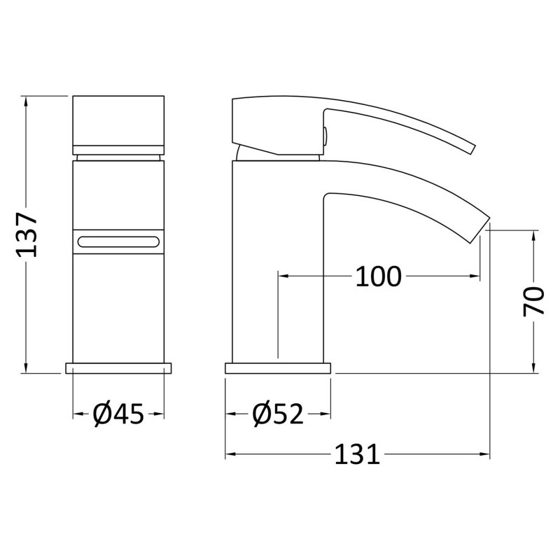 Vibe Mini Mono Basin Mixer Single Handle with Push Button Waste - Technical Drawing