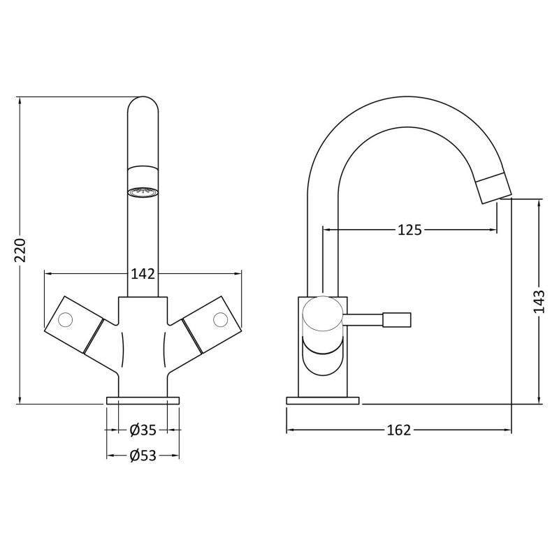 Series 2 Economy Mono Basin Mixer Tap with Push Button Waste Dual Handle - Technical Drawing