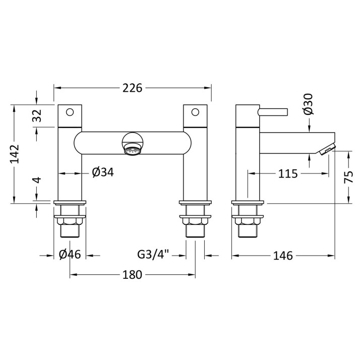 Series 2 Twin Lever Bath Filler Tap Deck Mounted - Technical Drawing