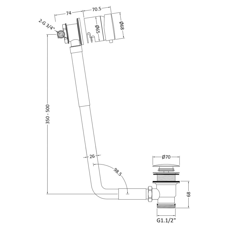 Single Lever Chrome "Freeflow" Bath Filler with Waste (Suitable for baths up to 10mm thick) - Technical Drawing