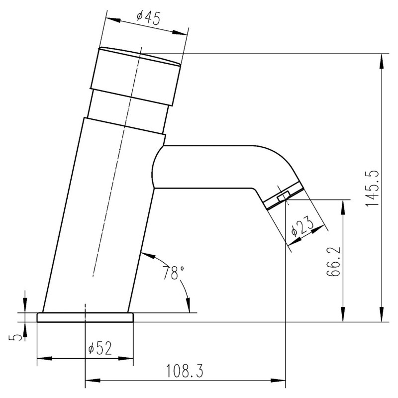 Self Closing Non Concussive Mono Basin Mixer Tap - Technical Drawing