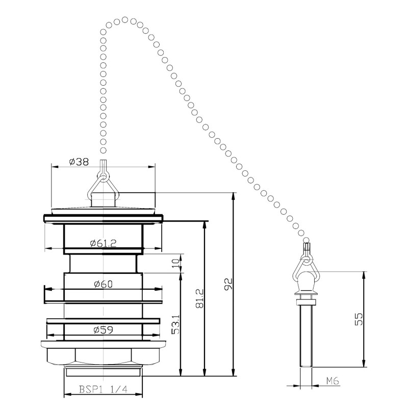 Contract Basin Waste with Poly Plug & Ball Chain - Technical Drawing