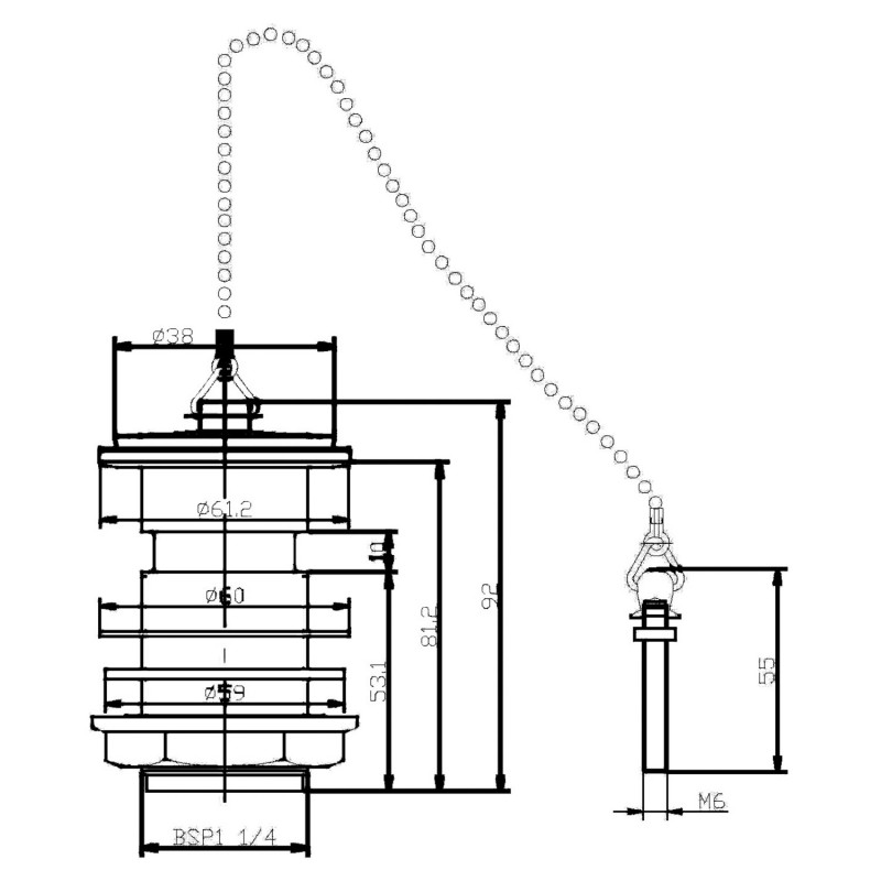 Contract Basin Waste with Brass Plug & Ball Chain - Technical Drawing