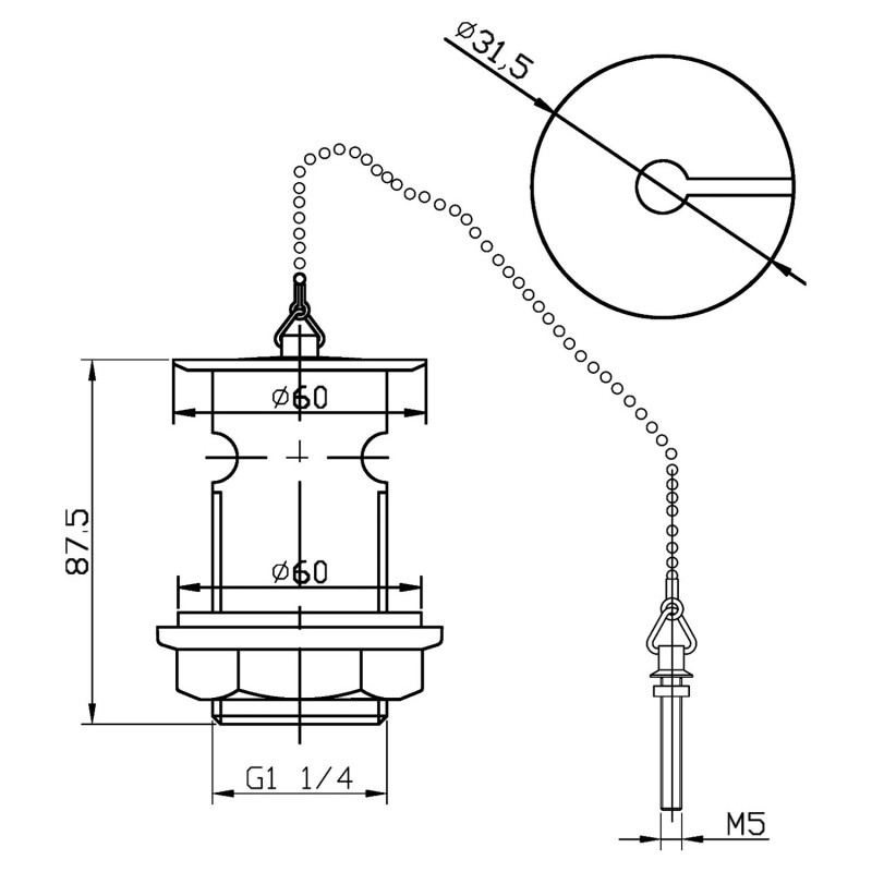 Basin Waste With Brass Plug & Ball Chain - Technical Drawing