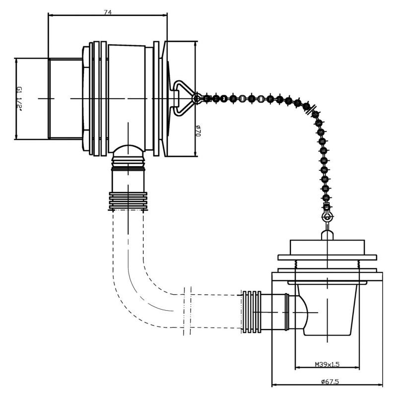 Bath Waste & Overflow with Chrome Plug and Ball Chain (Suitable for baths up to 5mm thick) - Technical Drawing