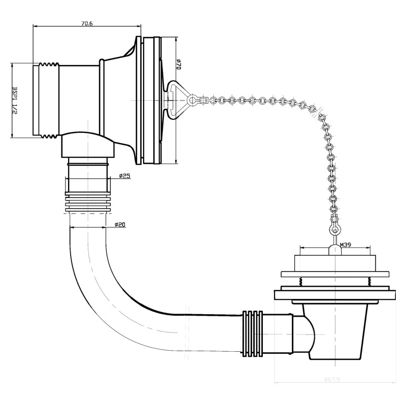 Chrome "Contract" Luxury Bath Waste with Overflow Poly Plug & Ball Chain - Technical Drawing