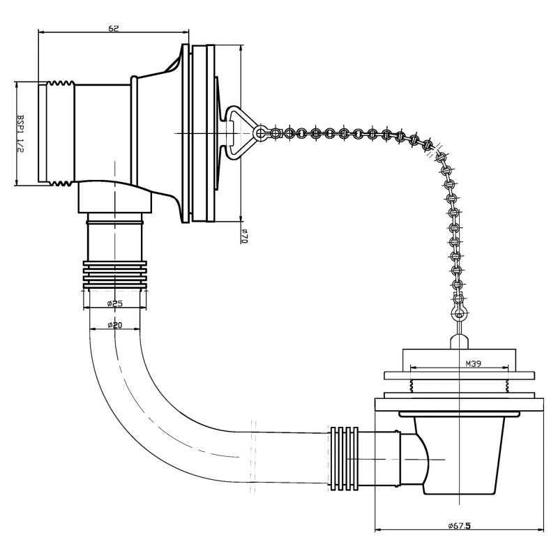 Chrome Luxury Bath Waste with Overflow Brass Plug & Ball Chain (Suitable for baths up to 5mm thick) - Technical Drawing