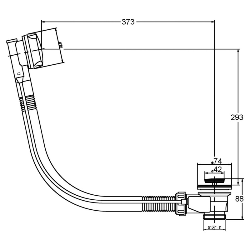 Pop Up Bath Waste with overflow (Suitable for bath's up to 10mm thick) - Technical Drawing