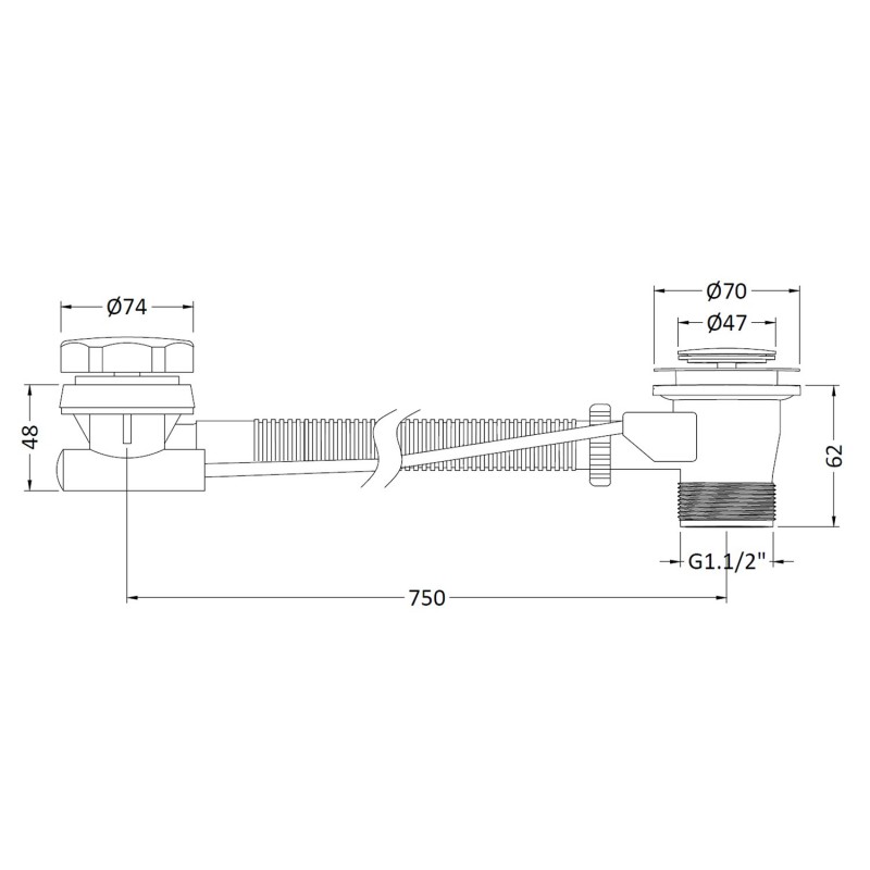 Extended Bath "Pop Up" Waste & Overflow (Suitable for baths up to 10mm thick) - Technical Drawing