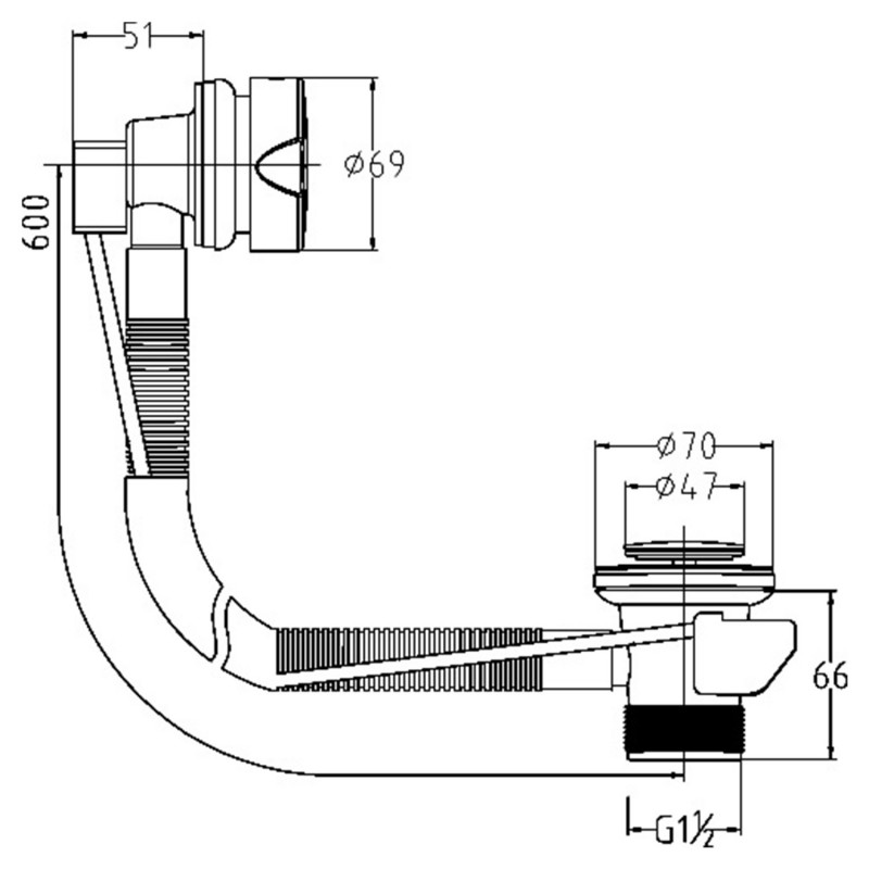 Luxury "Economy" Bath Pop-Up Waste & Overflow (Suitable for baths up to 9mm thick) - Technical Drawing