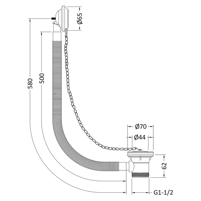 Luxury "Retainer" Bath Waste with Overflow Brass Plug & Link Chain (Suitable for baths up to 20mm thick) - Technical Drawing