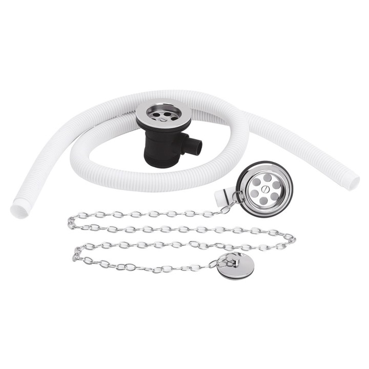 Extended Retainer Bath Waste Overflow & Brass Plug with Link Chain (Suitable for baths up to 20mm thick)