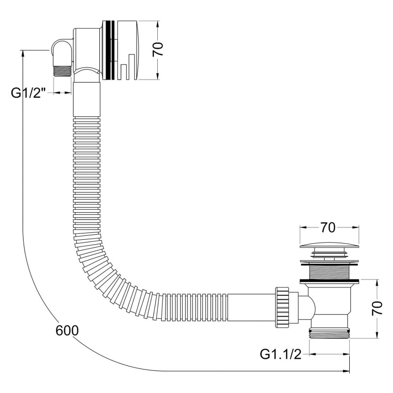 Round "Freeflow" Bath Filler Waste and Overflow (Suitable for baths up to 18mm thick) - Technical Drawing