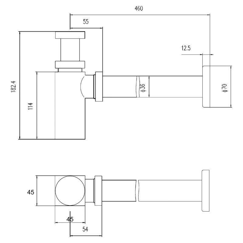 Square Bottle Trap & Extention Tube - Technical Drawing