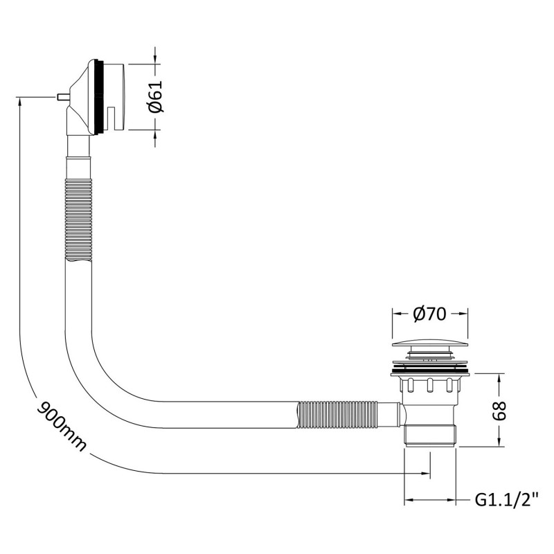 Inset Bath Push Button Waste - Matt Black - Technical Drawing