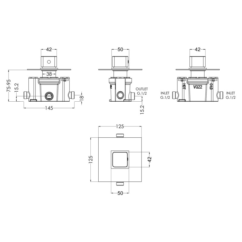 Windon Thermostatic Temperature Control Valve - Technical Drawing