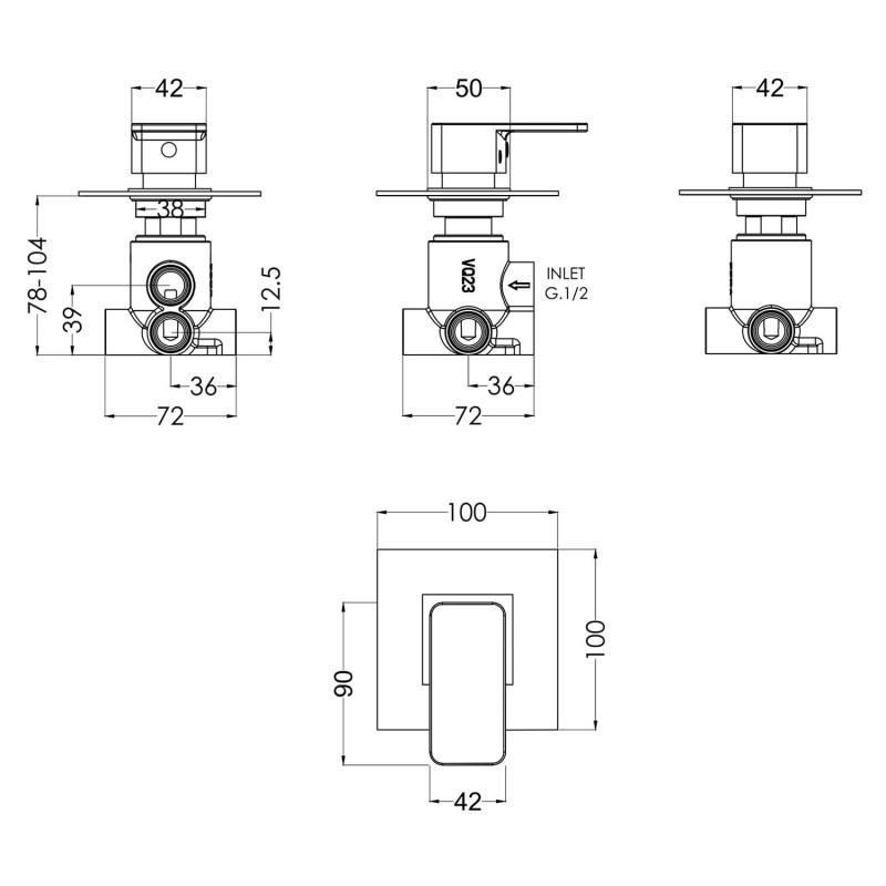 Windon Concealed Diverter 2/3/4 Way - Technical Drawing