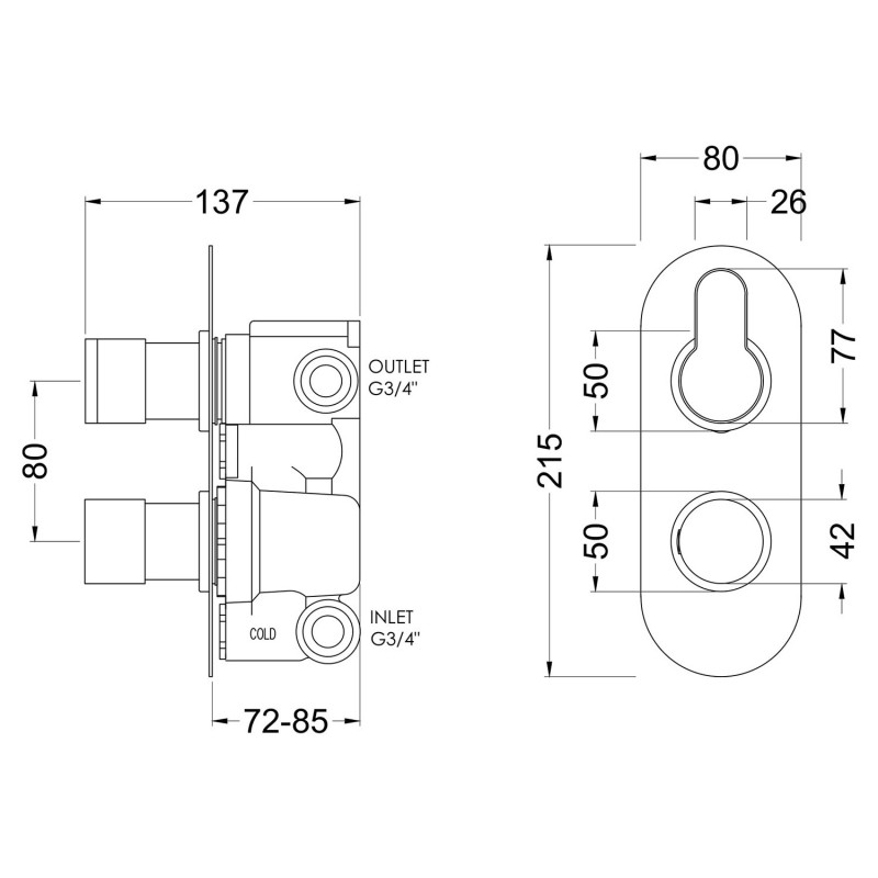 Arvan Chrome Twin Thermostatic Shower Valve With Diverter - Technical Drawing