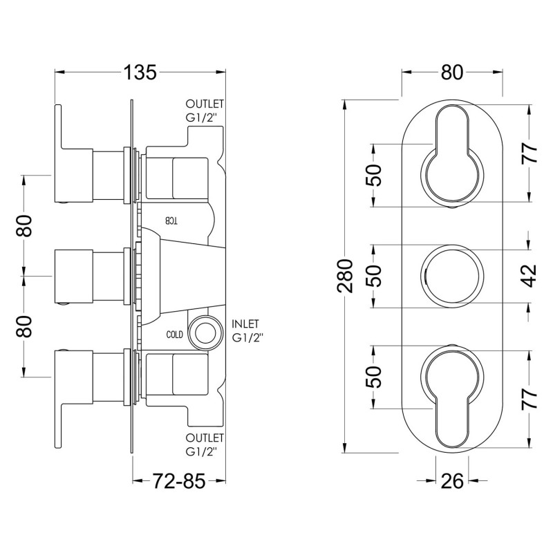 Arvan Chrome Dual Thermostatic Shower Valve - Technical Drawing