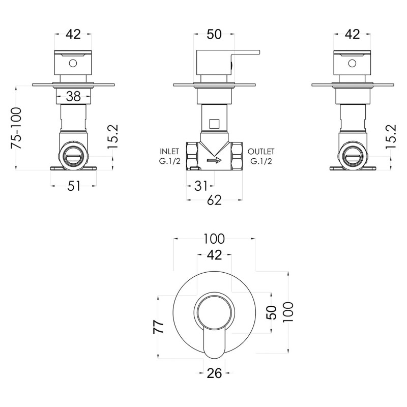 Arvan Chrome Concealed Stop Tap - Technical Drawing