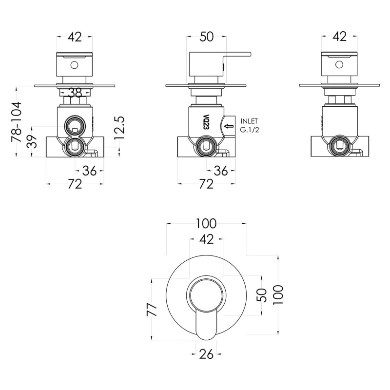 Arvan Chrome Concealed Diverter 2/3/4 Way Shower Valve - Technical Drawing