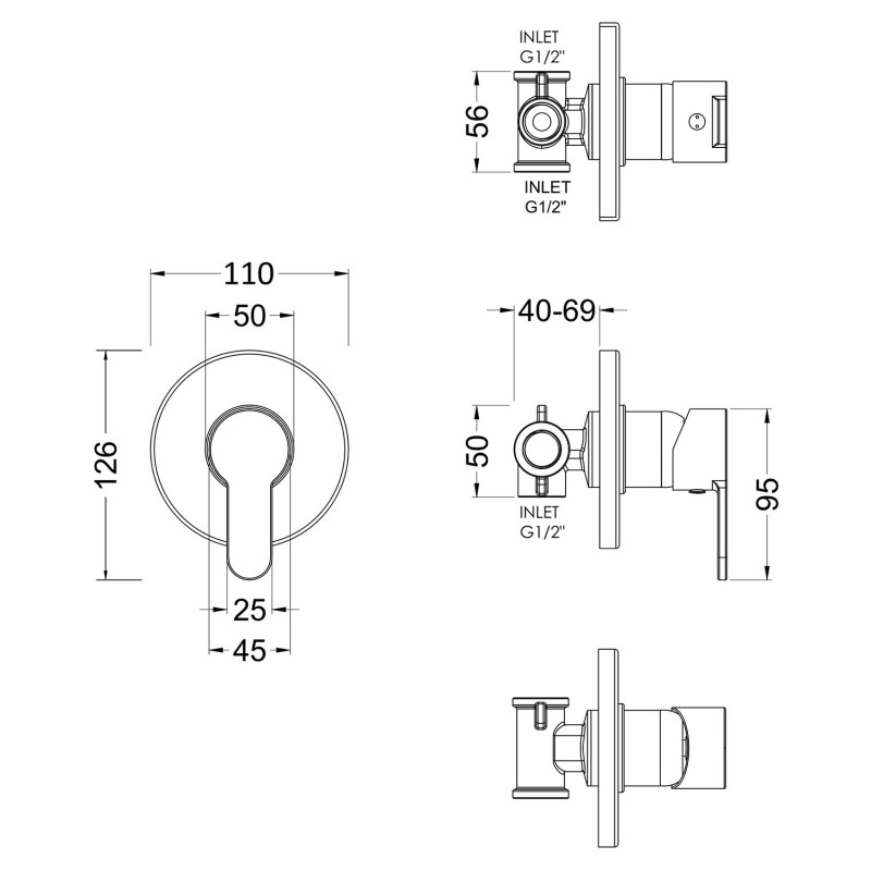 Arvan Chrome Manual Shower Shower Valve - Technical Drawing