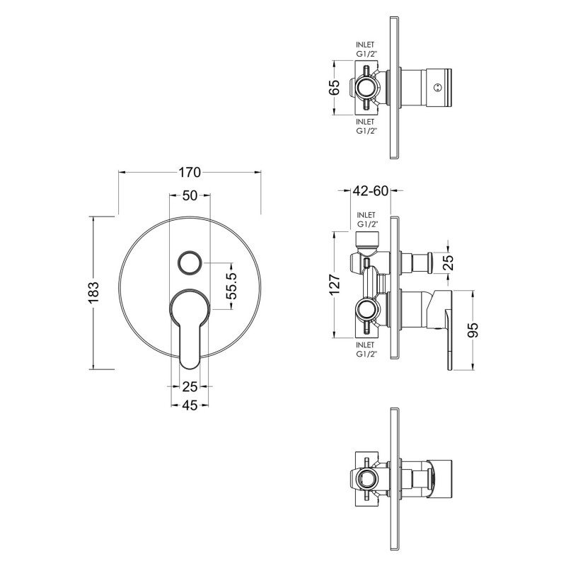 Arvan Chrome Manual Shower Shower Valve With Diverter - Technical Drawing