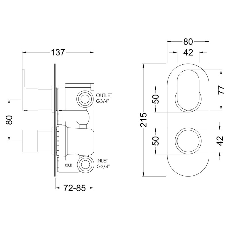 Binsey Twin Thermostatic Shower Valve With Diverter - Technical Drawing