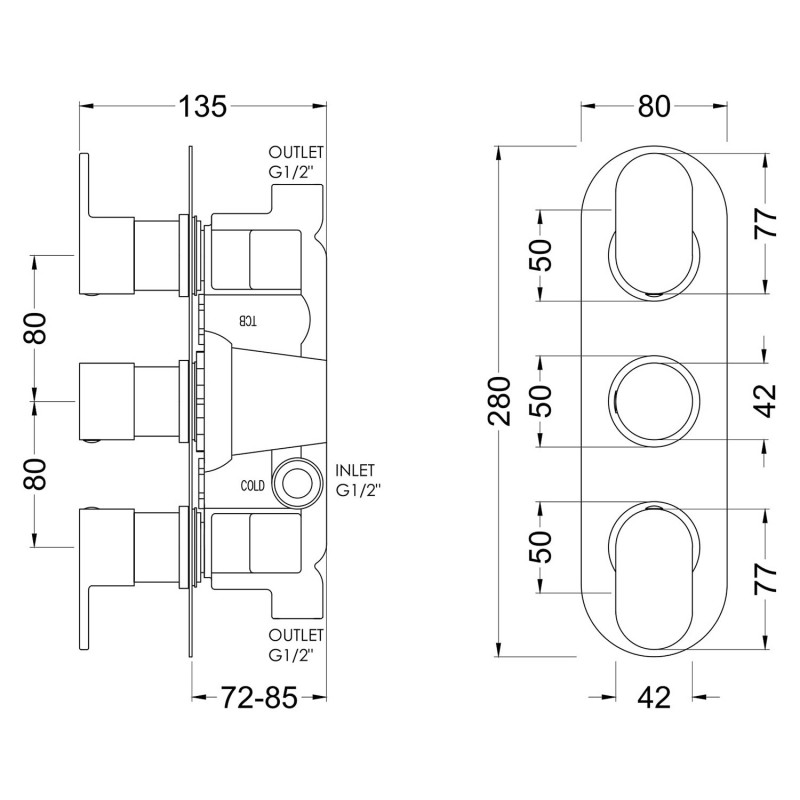 Binsey Dual Thermostatic Shower Valve - Technical Drawing