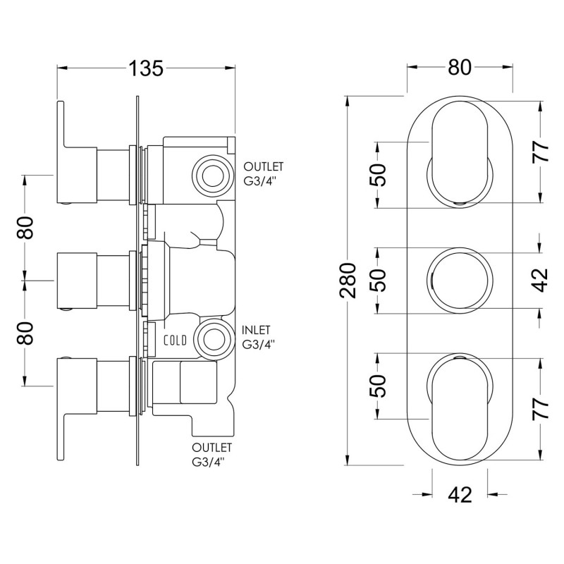 Binsey Triple Thermostatic Shower Valve With Diverter - Technical Drawing