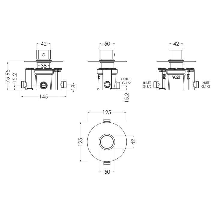 Binsey Thermostatic Temperature Control Valve - Technical Drawing