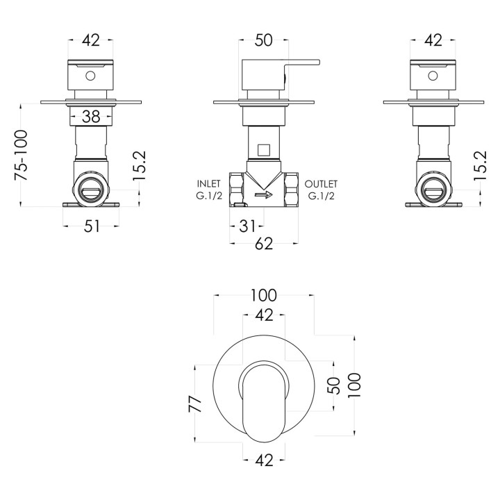 Binsey Concealed Stop Tap - Technical Drawing