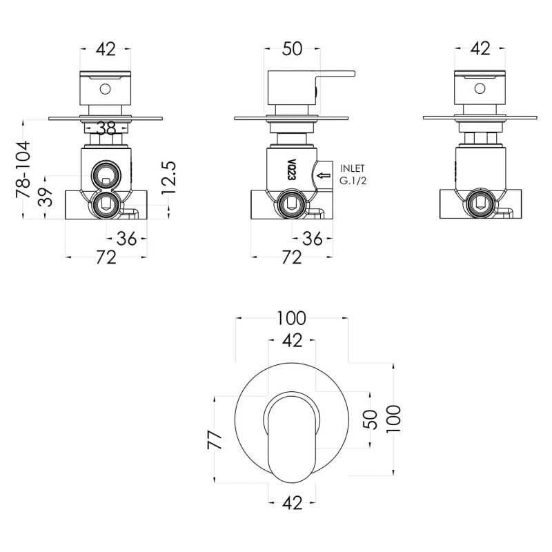 Binsey Concealed Diverter 2/3/4 Way - Technical Drawing