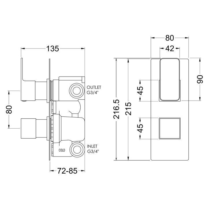 Windon Twin Thermostatic Shower Valve With Diverter - Technical Drawing