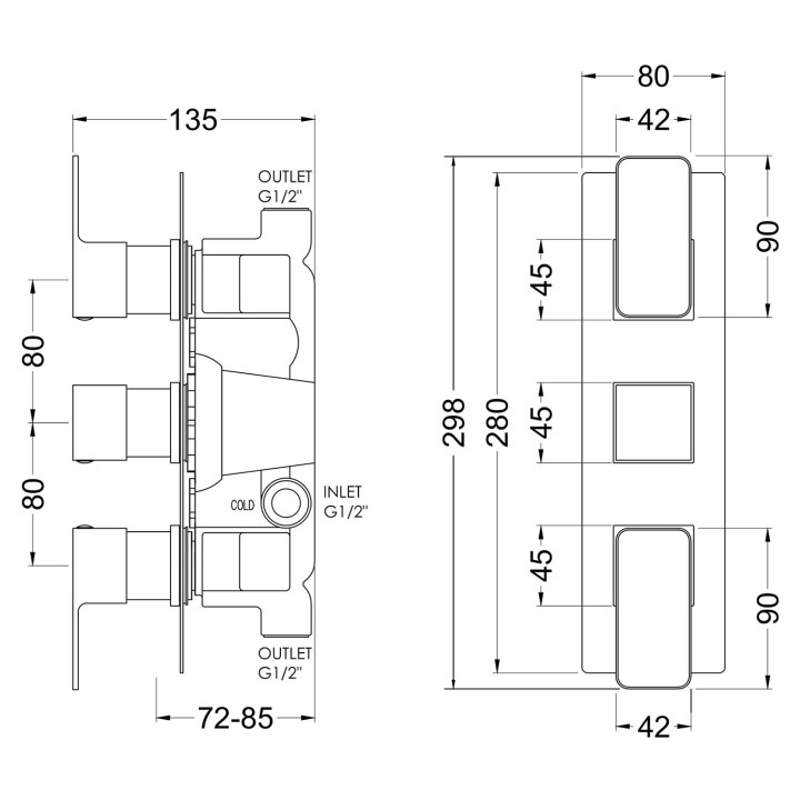 Windon Dual Thermostatic Shower Valve - Technical Drawing