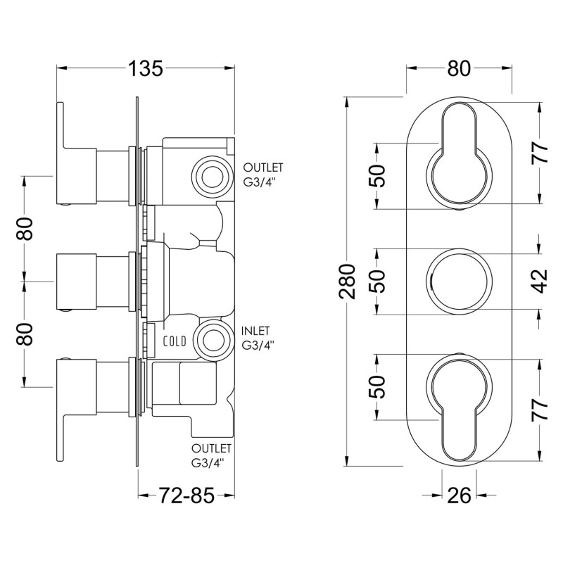 Arvan Black Triple Thermostatic Shower Valve With Diverter - Technical Drawing