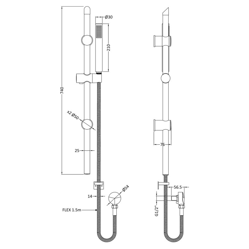 Black Rounded Slide Rail Kit - Technical Drawing